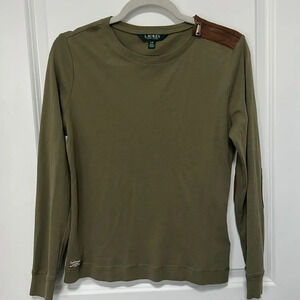 LAUREN RALPH LAUREN Army Green Brown Elbow
Pad Long Sleeve Top Size Large